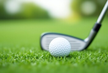Golf club iron positioned behind white ball on fresh green grass course. Close-up view of sports equipment on putting field. Professional practice and leisure activity scene in summer setting