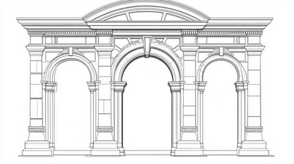 Fototapeta premium Art deco arch window and door frames, entrance doorways and gateway, vector architectural line drawing. Ancient classic architecture arch doors with arcs of Medieval temple, palace or mosque doorways