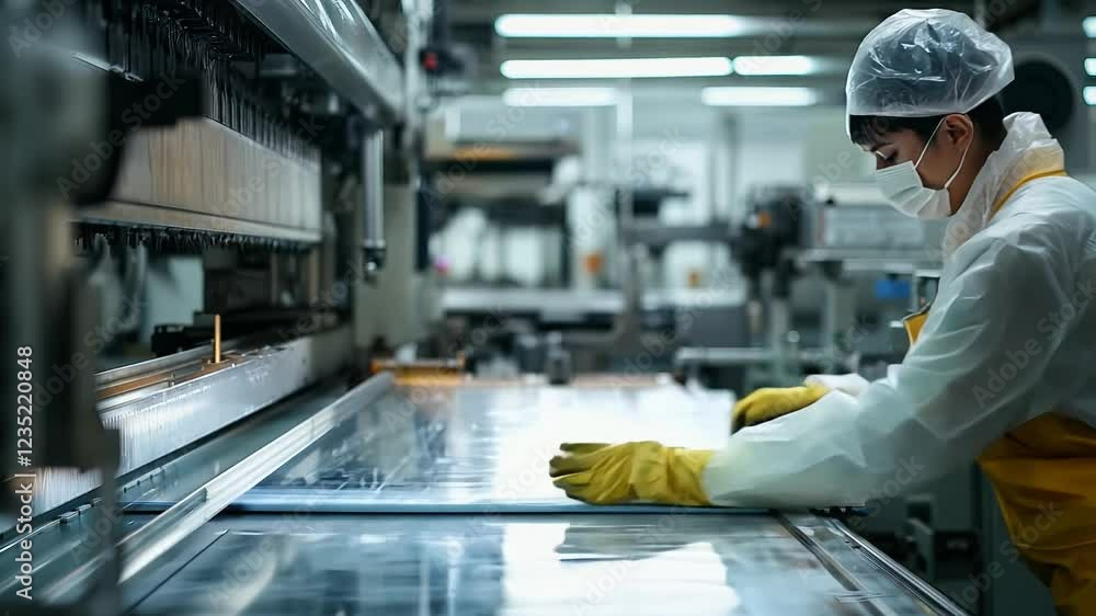 Poster a diligent worker in protective gear extracts a steel sheet from a machine in a busy workshop. the e