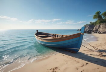 Obraz premium Blue striped background with a wooden boat docked on the shore, landscape, nature
