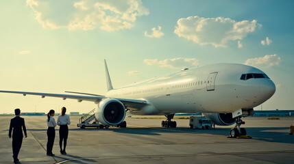 A couple of people standing in front of an airplane on a runway
