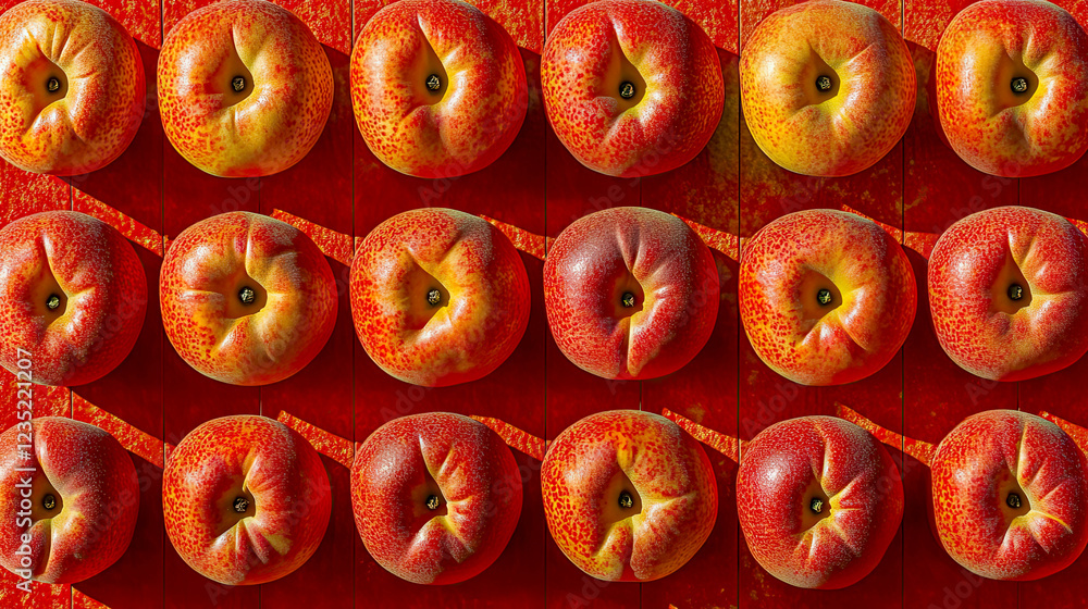 Poster symmetrical arrangement of abstract apples and peaches in vibrant warm colors and geometric rows
