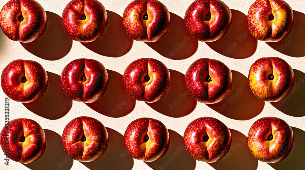 Poster symmetrical arrangement of abstract apples and peaches in vibrant red and yellow tones