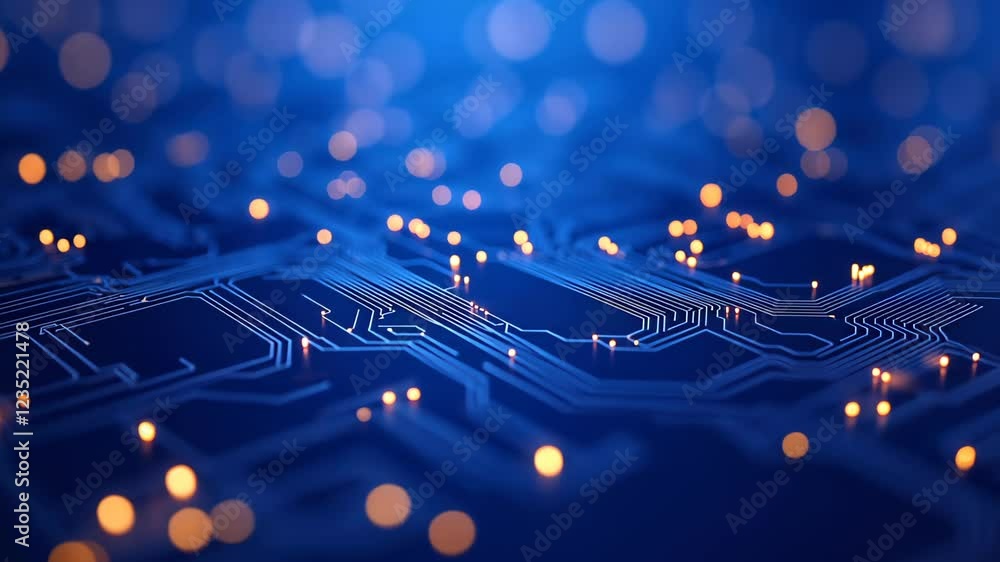 Poster abstract blue circuit board design with glowing lights, futuristic technology background, digital ne