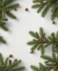 Obraz premium Branches of fir tree with acorns on white surface, leaf, evergreen