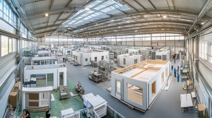 A panoramic view of a prefabricated housing assembly line, with workers assembling modular units under a factory roof, Prefabrication facility scene