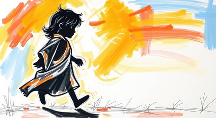 Obraz premium Illustration of child walking in sunlight, digital art, kids illustration, sunshine art