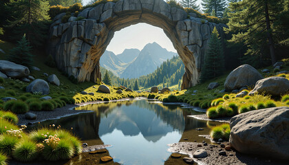 Serene landscape with natural stone archway and reflection, tranquility