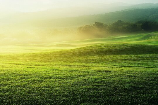 Golf course. Rolling green hills in misty sunrise light with golden glow. Peaceful rural landscape with fog and morning sunbeams. Natural scenery 