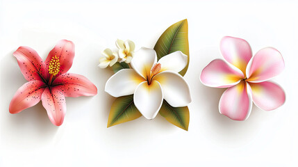 Set of Three Vibrant Lily Flowers - Pink, Yellow, and White - Isolated on White Background