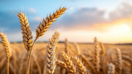 Fototapeta premium Golden wheat field sunset, agriculture harvest