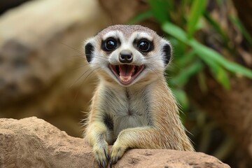 Fototapeta premium An adorable meerkat grinning widely while perched on a rock, showcasing its playful personality.
