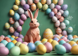 Brightly colored paper cut bunny surrounded by Easter eggs,  bunny,  colorful