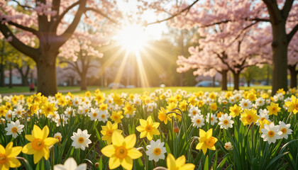 Obraz premium Vibrant daffodils blooming in sunlight-filled garden, spring beauty, Spring Garden Scene, Mild Weather