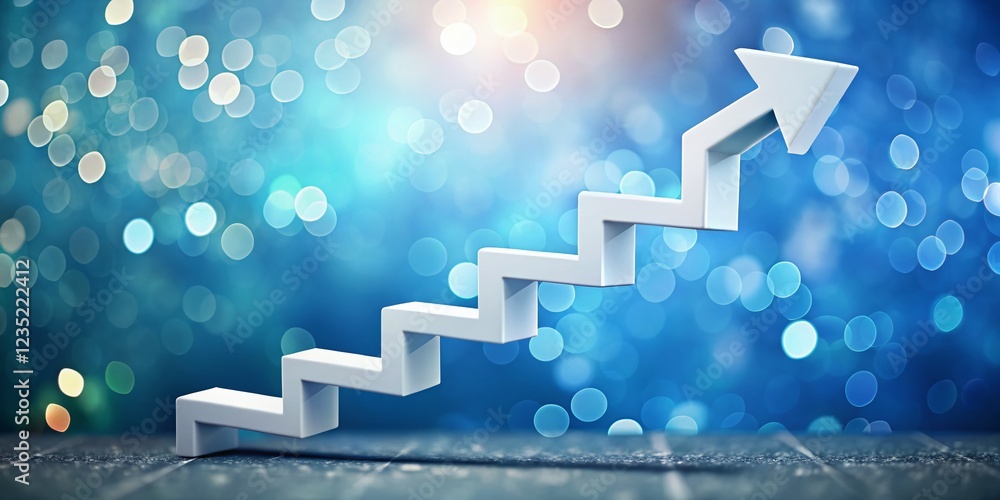Poster 3d render: ascending white arrow with staircase shape on blue bokeh background - growth & progress c