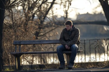 A young man sits alone on a park bench, lost in thought amidst a tranquil outdoor setting by the water.