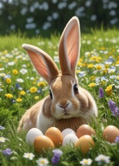 Fototapeta premium Bunny ears with eggs in a meadow amidst flowers , flowers, nature
