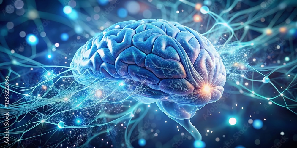 Poster 3d render of serene blue and white brain: intricate neural network visualization