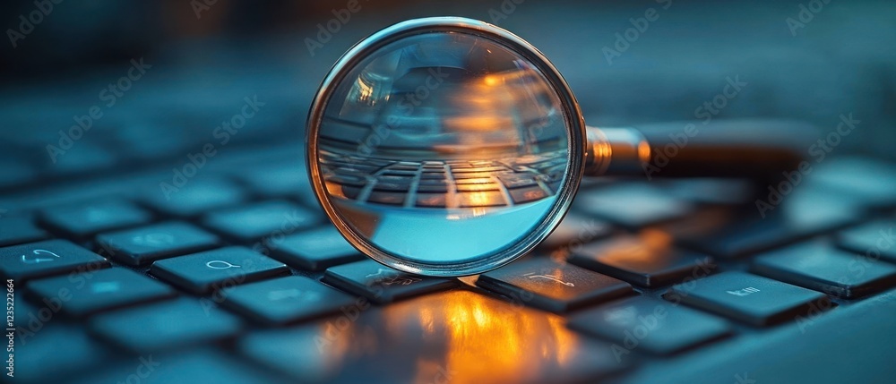 Poster magnifying glass on keyboard with soft glowing background