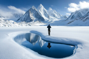 "Photographer Capturing Winter Landscapes at the Edge of an Icy Lake"