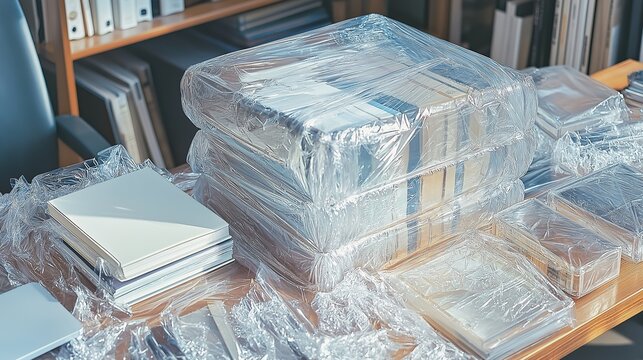 Stacks of wrapped books and materials on a desk in a library during daylight - Powered by Adobe