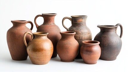 Antique ceramic decorative amphora on a white background. Clay jugs and a pot, a set of ancient utensils for drinking wine, water or milk.