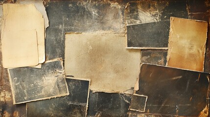Set of Old Black Empty Aged Damaged Paper Cardboard Photo Card. Rough Grunge Shabby Scratched Torn Ripped Texture. Distressed Overlay Surface for Collage. High Quality.