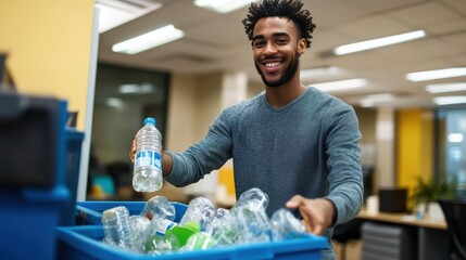 Man in an office throwing a plastic bottle into a recycling bin. Modern interior, environmental awareness, responsible waste management