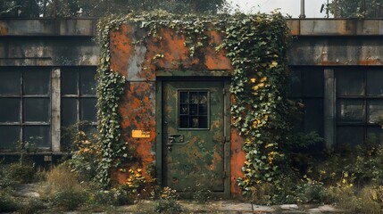 A green door with a yellow sign on it