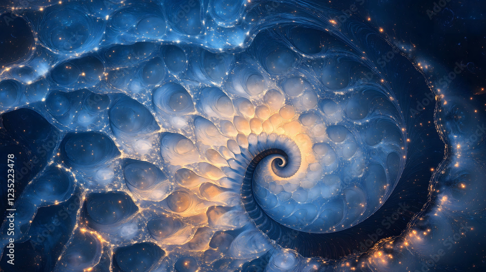 Poster vivid cosmic arc backdrop featuring spiral patterns and glowing stars in a captivating celestial set