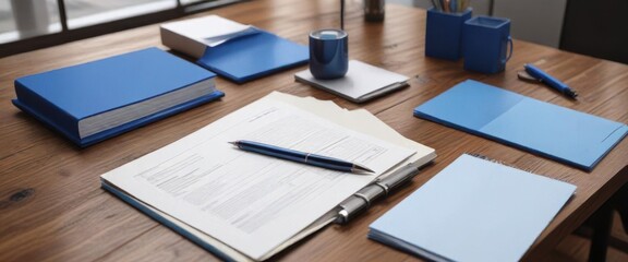 Business stationery set with blue folders, papers and pens on a wooden desk,  stationery,  business