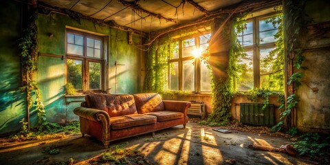 Obraz premium Abandoned Building Interior: Overgrown Sofa in Decaying Room
