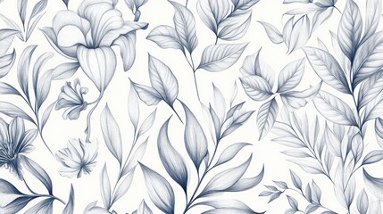 Blue floral pattern, leaves, botanical illustration, seamless design, white background, textile print