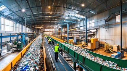 A panoramic view of a recycling facility with workers sorting recyclable materials on conveyor belts, Recycling plant scene, Environmental stewardship style