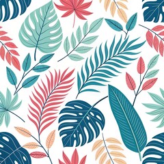 Tropical Leaf Pattern Seamless Teal Pink Coral Botanical Design