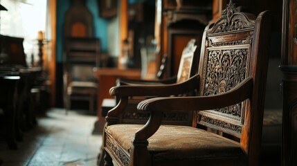 Old antique wooden furniture in an antique shop