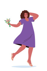A dark-skinned girl with a bouquet of flowers is rejoicing and happy. Satisfied young woman is pleased with herself, emotional. Vector flat graphics.