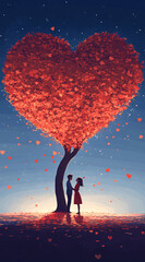 Obraz premium Romantic Digital Illustration of a Couple Standing Under a Glowing Heart-Shaped Tree, Dreamy Fantasy Scene with Warm Colors and Magical Atmosphere