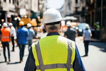 Fototapeta premium A group of diverse workers in a bustling urban area focus on a construction project, showcasing teamwork and safety in their daily tasks