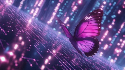 Pink butterfly flies digital circuit board, glowing city backdrop; tech concept