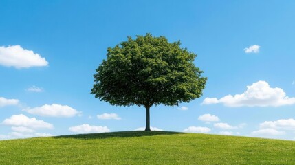 Lone tree, green hill, blue sky, clouds, nature