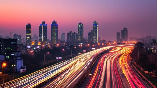 City highway sunset traffic light trails, urban skyline background, advertising