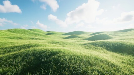 Naklejka premium Sunny day, rolling green hills landscape, idyllic meadow, background clouds, nature website banner