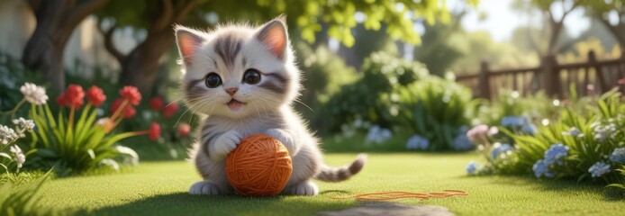 Cartoon sketch of a happy kitten playing with a ball of yarn in a whimsical garden setting ,  adorable cat,  toys