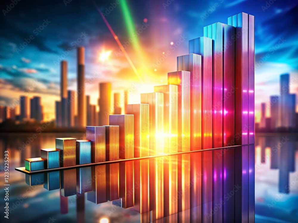 Poster abstract 3d metallic bar graph double exposure stock photo - colorful data visualization