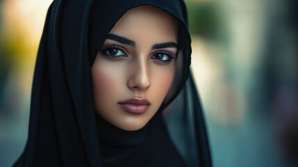 Naklejka premium beautiful young Muslim woman covered her face in black hijab. focus on the eyes