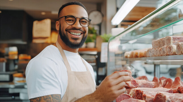 Smiling African American butcher in apron showcasing fresh meat in a clean shop. Concept of food industry, culinary expertise, local business, friendly service