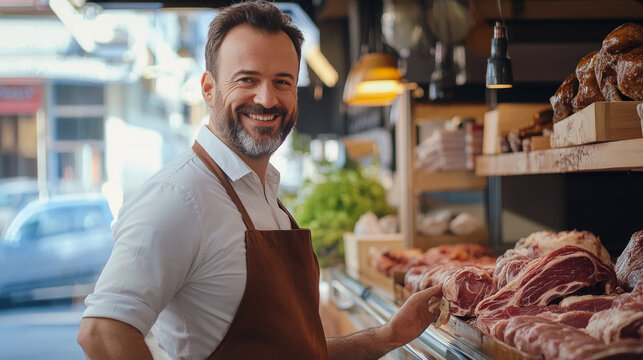 Caucasian man smiling at butcher shop counter with assortment of fresh meats. Concept of culinary expertise, artisanal butchery, sustainable food choices, local business support