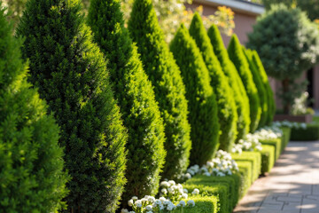Neatly trimmed evergreen trees in a landscaped garden