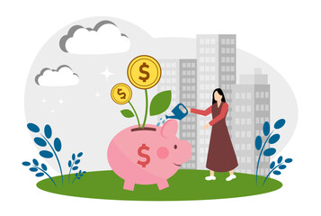 The concept of accumulating money, investing and increasing profits. A girl watering a piggy bank